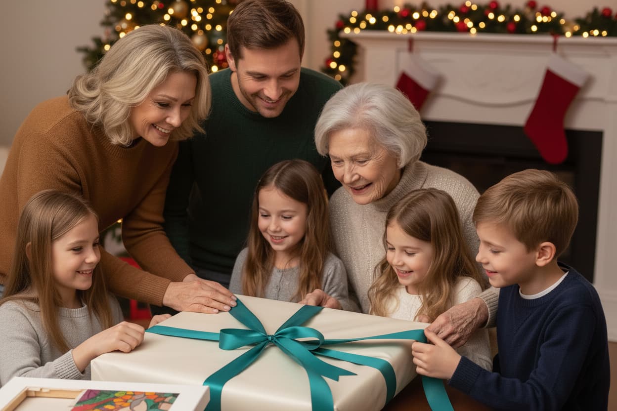 Hands holding a davincified paint by numbers kit with teal abstract design