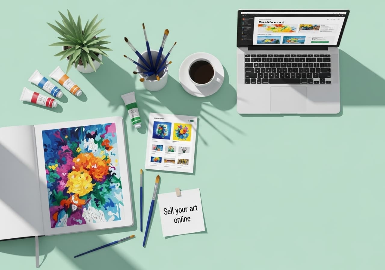 laptop with note that says sell art online