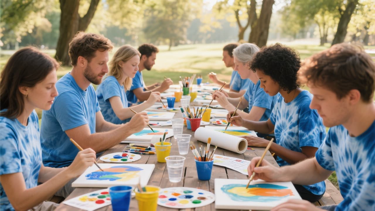 Actividad de pintura grupal con múltiples kits de pintar por números