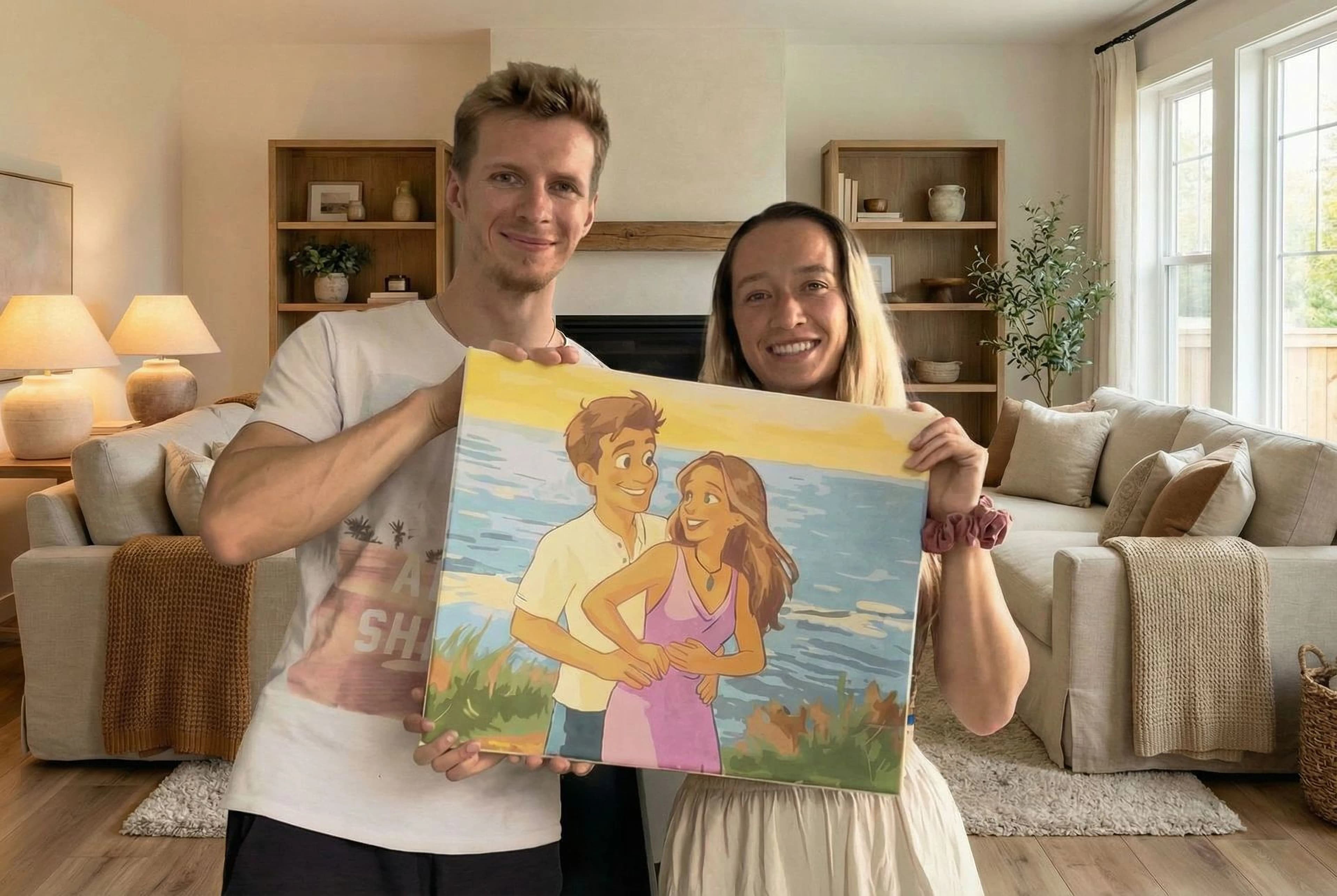 Hands holding a davincified paint by numbers kit with teal abstract design